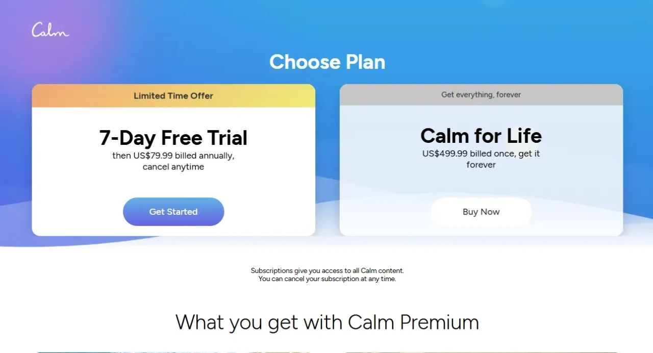 Two subscription plans are displayed on a gradient blue background: a 7-day free trial and a lifetime plan. Buttons read "Get Started" and "Buy Now."