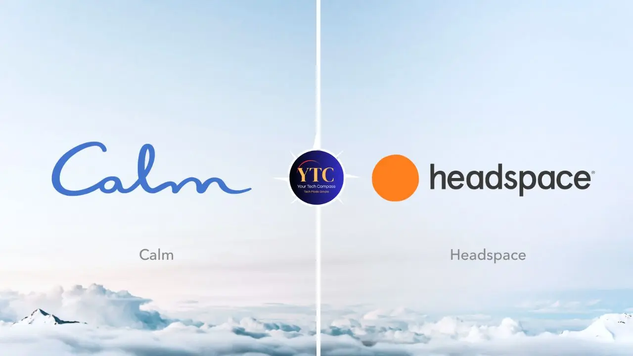 Split image with Calm's blue logo on the left and Headspace's orange circle logo on the right. Soft clouds and a blue sky form the serene background.