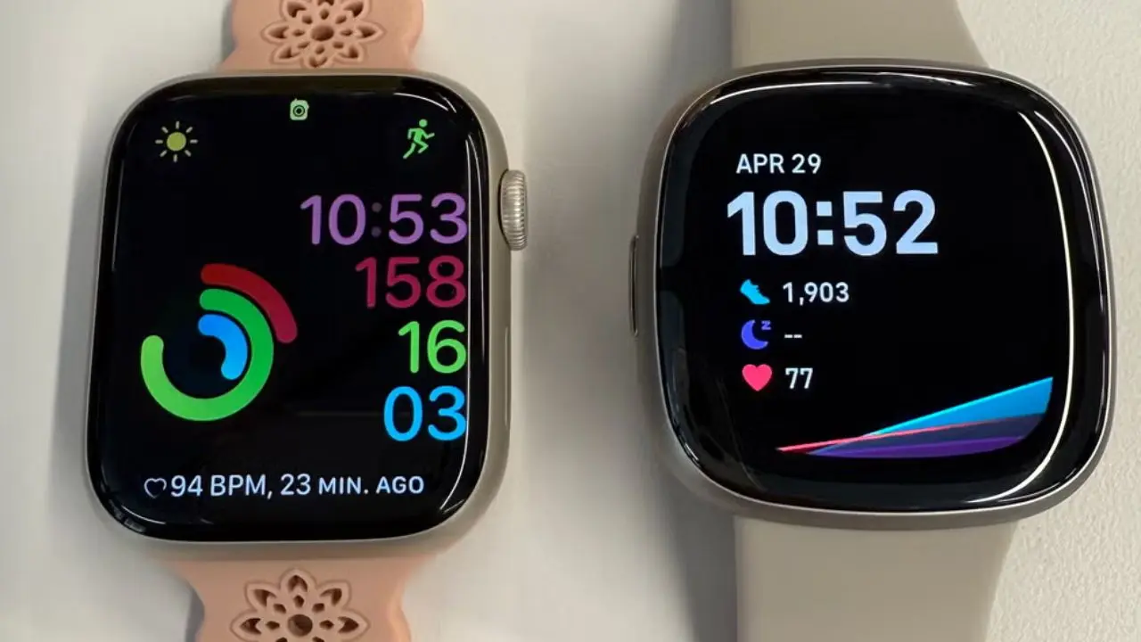 Two smartwatches side by side; the left with fitness rings and heart rate, the right displaying steps and heart rate, reflecting a health-oriented theme.