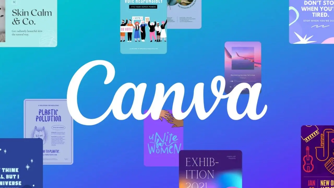 Blue gradient background with "Canva" in large white script at the center. Surrounding are various colorful, creative poster designs showcasing diverse themes.