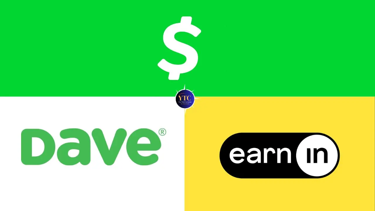 Split graphic with green "Dave" logo on white, "earn in" logo on yellow, and a large white dollar sign on green, conveying a finance theme.