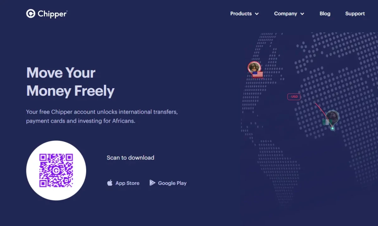Chipper app website banner with a dark blue background. Text reads 'Move Your Money Freely' promoting international transfers. Includes a QR code for app download and icons for Apple and Google Play. A digital map with connecting points symbolizes global money transfers.