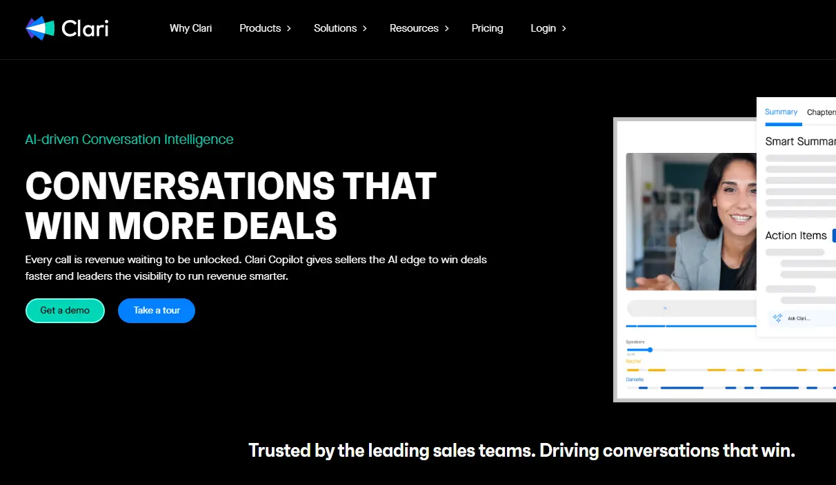 Clari website homepage promoting AI-driven conversation intelligence, featuring the headline 'Conversations That Win More Deals' and a smiling professional on a video call. Buttons for 'Get a demo' and 'Take a tour' are displayed, highlighting the solution's focus on sales success. The tone is professional and empowering.