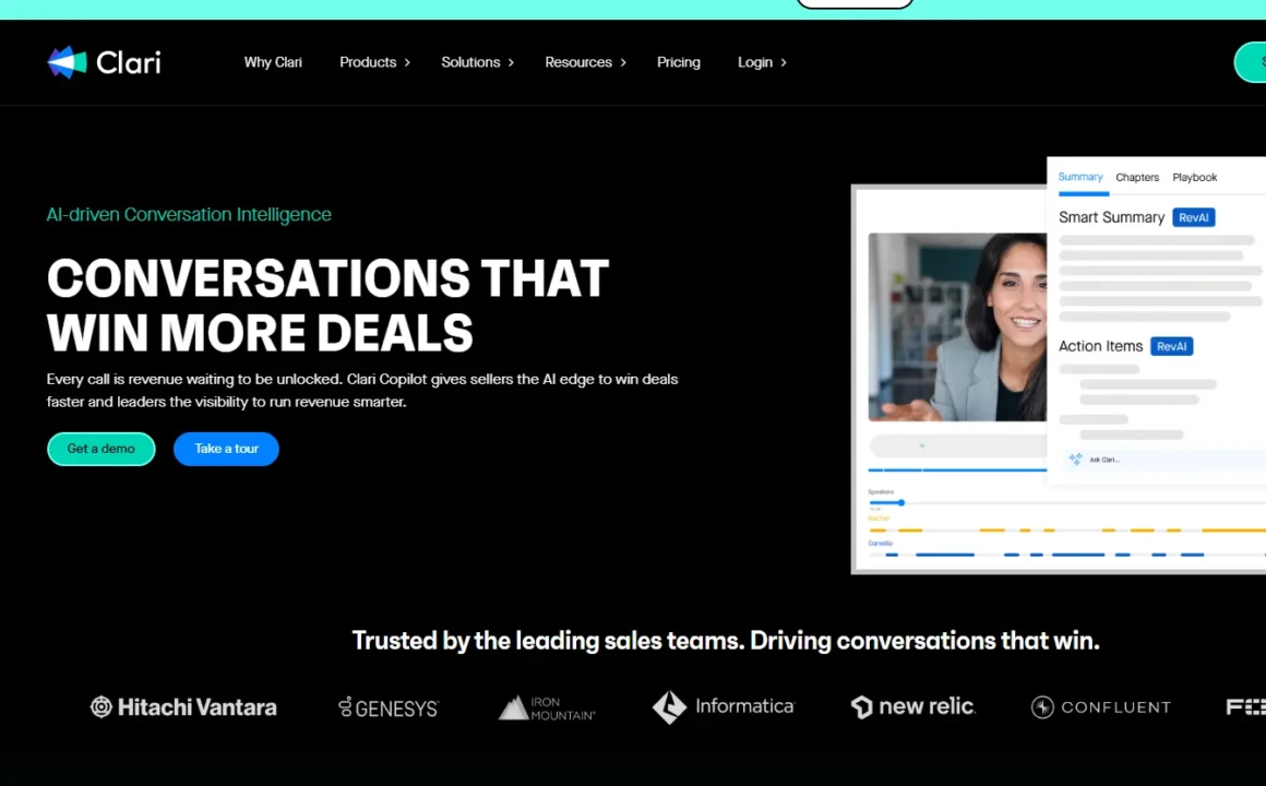 Clari webpage showcasing AI-driven conversation intelligence. Text highlights 'Conversations That Win More Deals' with demo and tour buttons. Image of an online meeting interface with summary tools. Logos of partner companies at the bottom. Modern, professional tone.