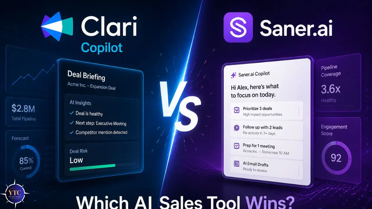 Comparison of AI sales tools: Clari Copilot on the left with deal insights, and Saner.ai on the right with task prioritization. Central "VS" and "Which AI Sales Tool Wins?" text below.