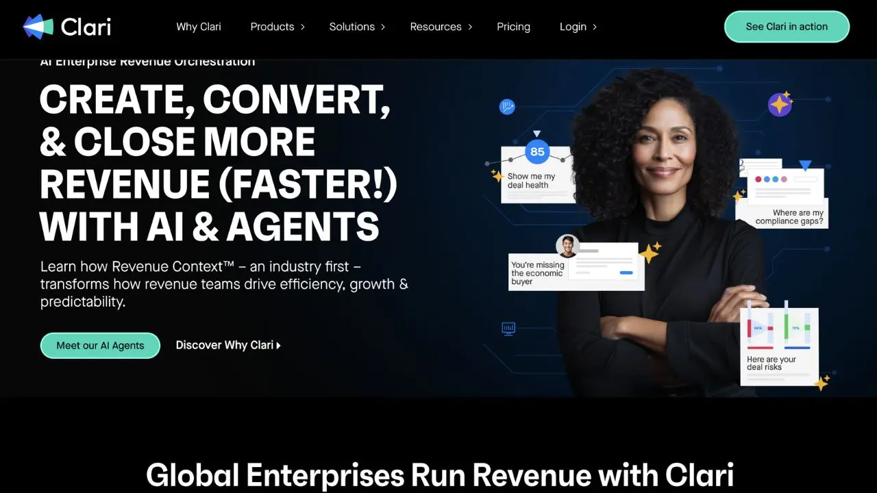 Clari website banner features a confident woman smiling, with text promoting AI and agents for revenue growth. Elements highlight insights on deals and performance. Tone is professional and empowering.