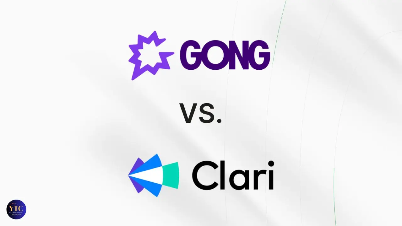 Logos of Gong and Clari are displayed against a white background. Gong's logo is purple with a star shape, Clari's is blue and teal, centered with "vs."