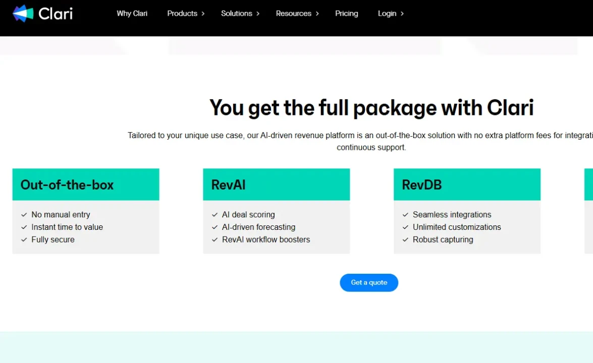Screenshot of Clari webpage featuring three service offerings: Out-of-the-box, RevAI, and RevDB. Each section highlights features like no manual entry and AI-driven forecasting. Header says 'You get the full package with Clari.' A 'Get a quote' button is at the bottom.