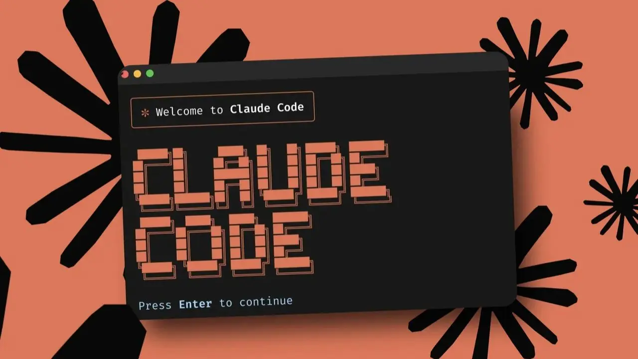 Black text screen displays "Claude Code" in a bold, blocky font. Words "Welcome to Claude Code" and "Press Enter to continue" appear on a peach background with black starburst designs.
