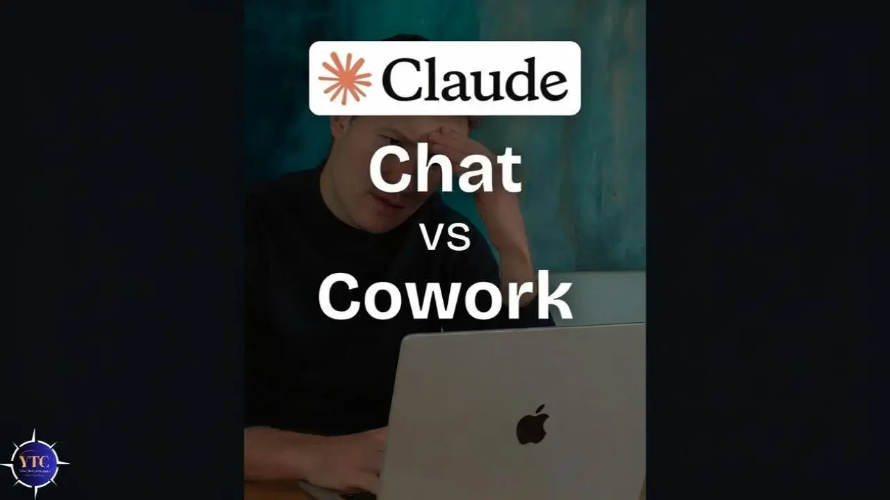 A person seated at a laptop looks thoughtful, with hand on forehead. The text overlay reads "Claude: Chat vs Cowork," suggesting a comparison theme.
