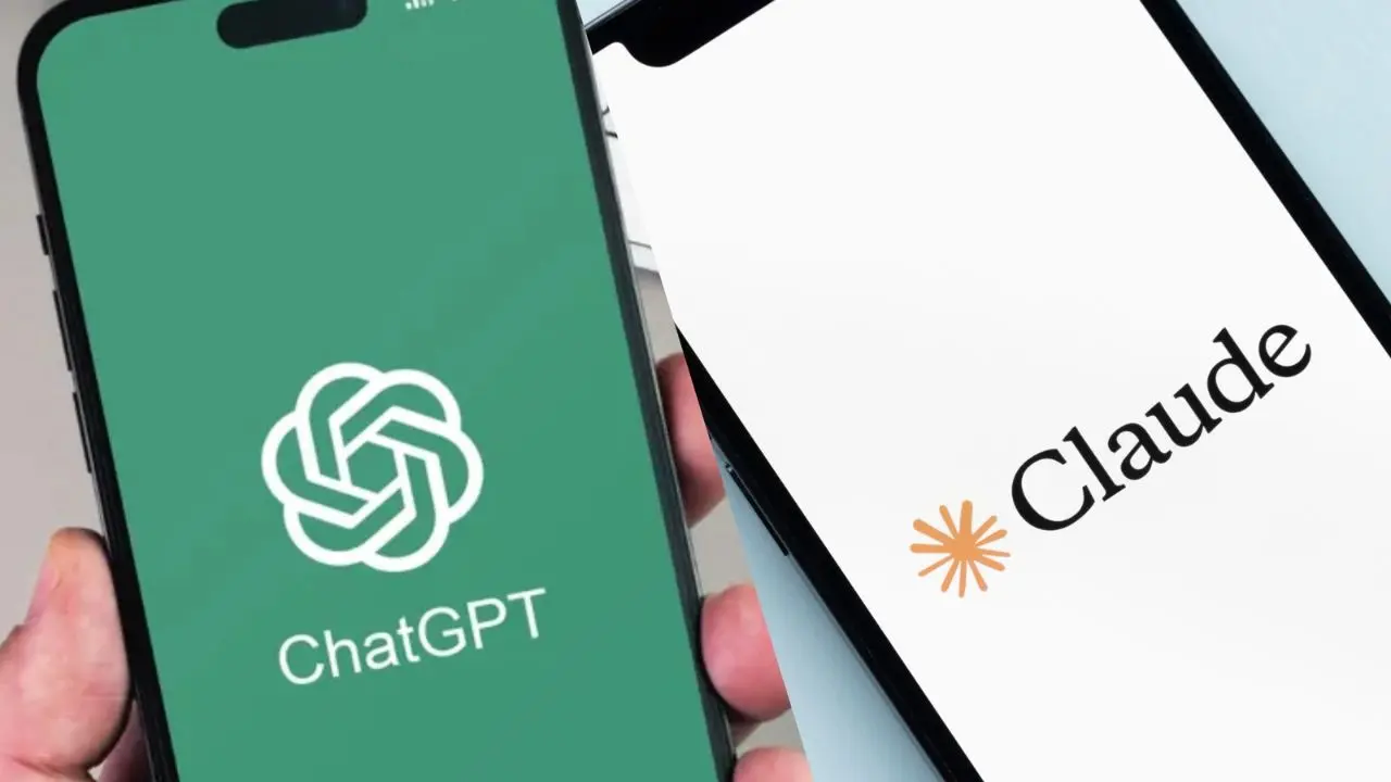 Two smartphones side by side: one with a green screen displaying "ChatGPT" and its logo, the other with a white screen showing "Claude" and its logo.