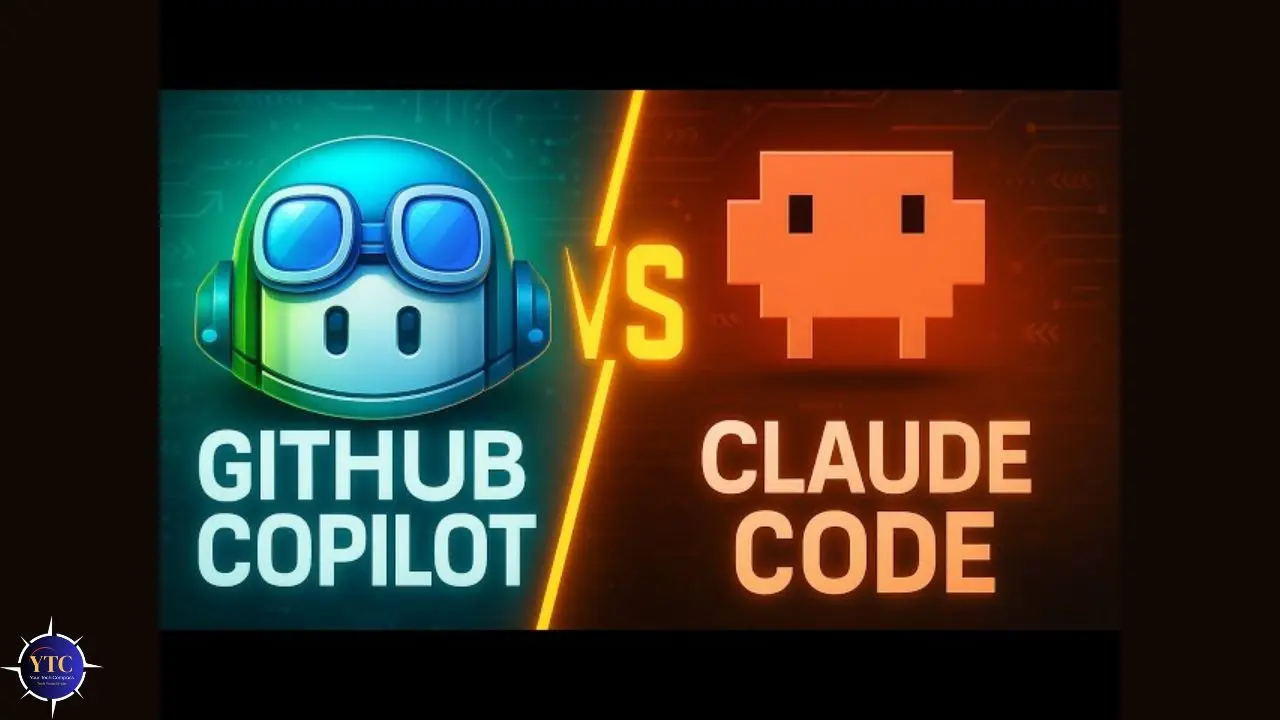 Bright graphic showing "Github Copilot" with a robot icon on the left, and "Claude Code" with a pixel character on the right, separated by "VS".