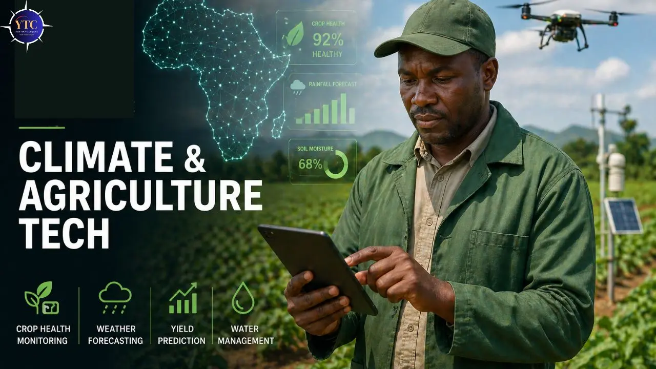 Farmer in a green field uses a tablet, with a drone overhead. Text reads "Climate & Agriculture Tech" with icons for crop health, weather, yield prediction, and water management. Maps and data visuals overlay.