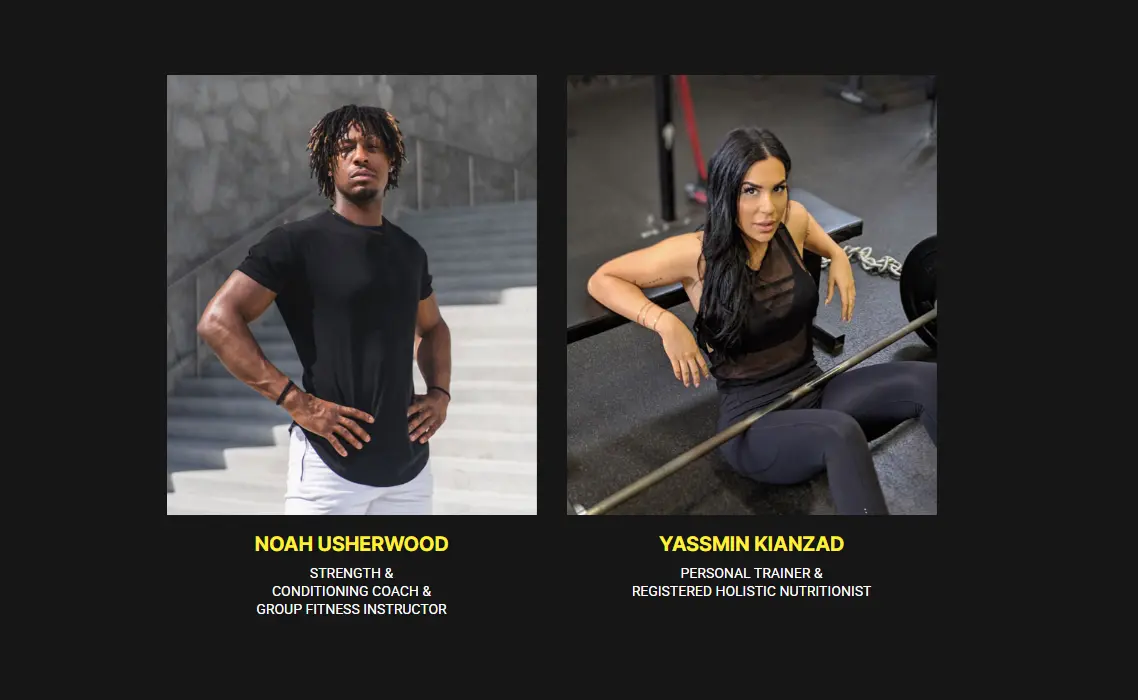 Fitness professionals posing confidently: a male coach stands on stairs with a focused expression, while a female trainer sits by weights, looking determined.