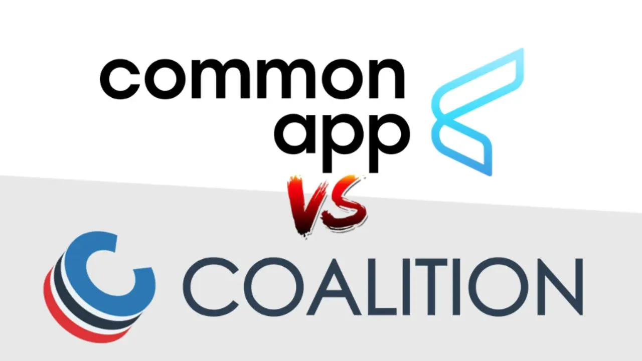 Text graphic comparing Common App and Coalition. "Common App" text is in black with a blue streak logo, "vs" in red, and "Coalition" with a blue and red logo.