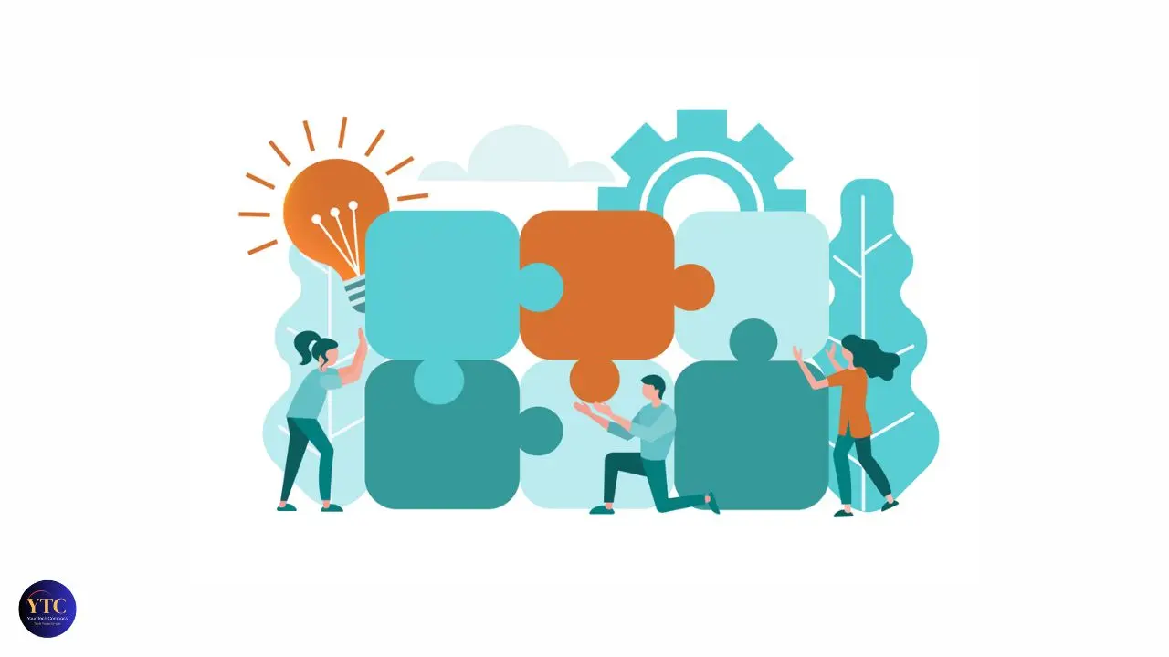 Illustration of people assembling oversized puzzle pieces, symbolizing teamwork. A glowing lightbulb and gear in the background suggest innovation.