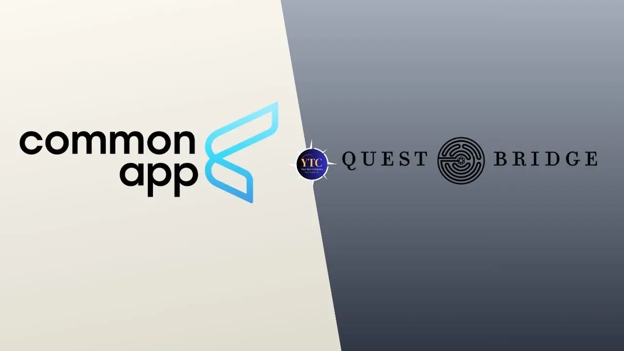 Split image with "common app" logo on a light background featuring stylized blue icon, and "QuestBridge" logo with circular maze design on a dark background.