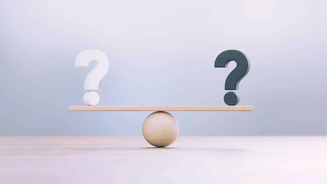 Two large question marks, one white and one dark gray, balance on opposite ends of a wooden plank, centered on a round wooden fulcrum, symbolizing equality.
