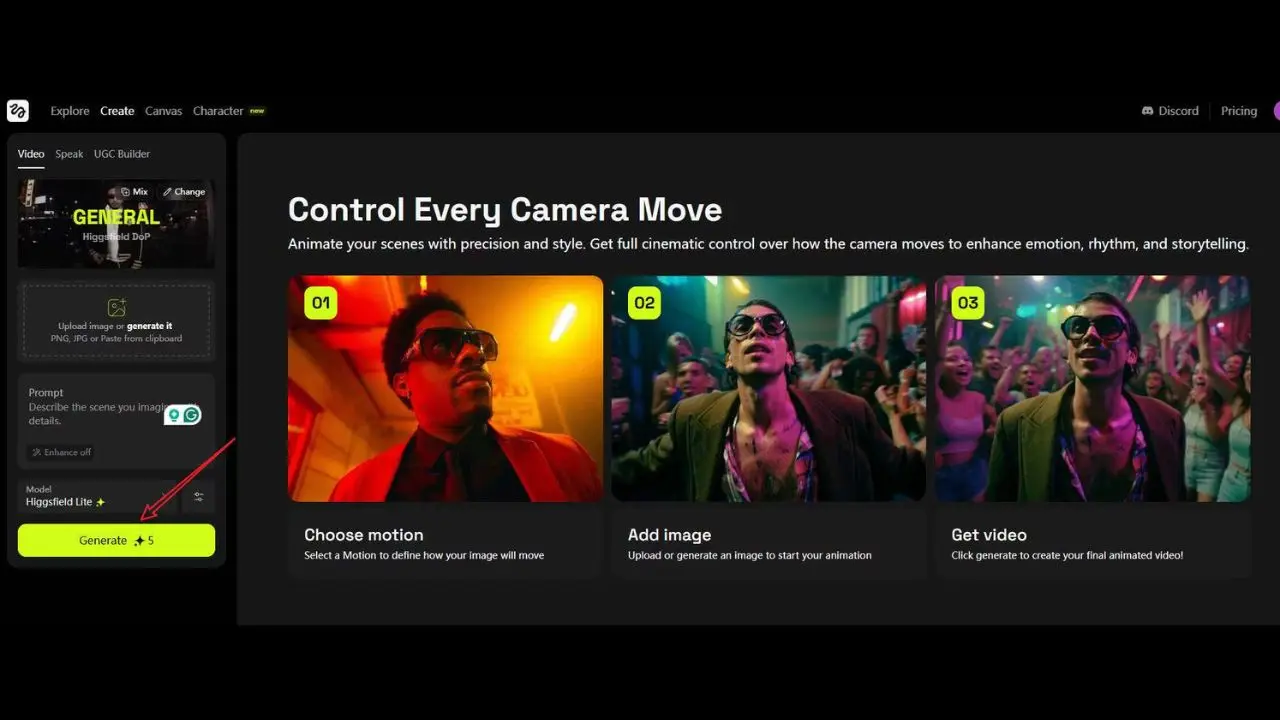 Interface showing a video creation tool with options for motion, image, and video generation. Three images display a man in sunglasses in vibrant settings, labeled 01, 02, and 03. The bold heading reads 'Control Every Camera Move,' emphasizing cinematic control and storytelling.