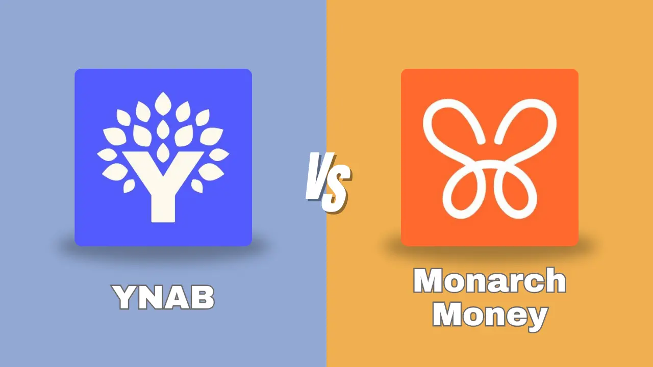 Split comparison image of budgeting apps YNAB and Monarch Money. Left side in blue with tree logo and "YNAB" text, right side in orange with butterfly logo and "Monarch Money" text. "VS" in center.