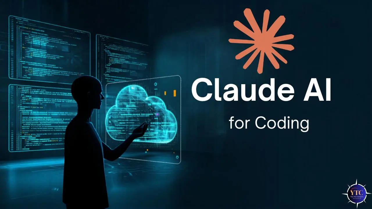 Silhouette of a person interacting with a digital cloud and code on screens, alongside the text "Claude AI for Coding" on a dark blue background.