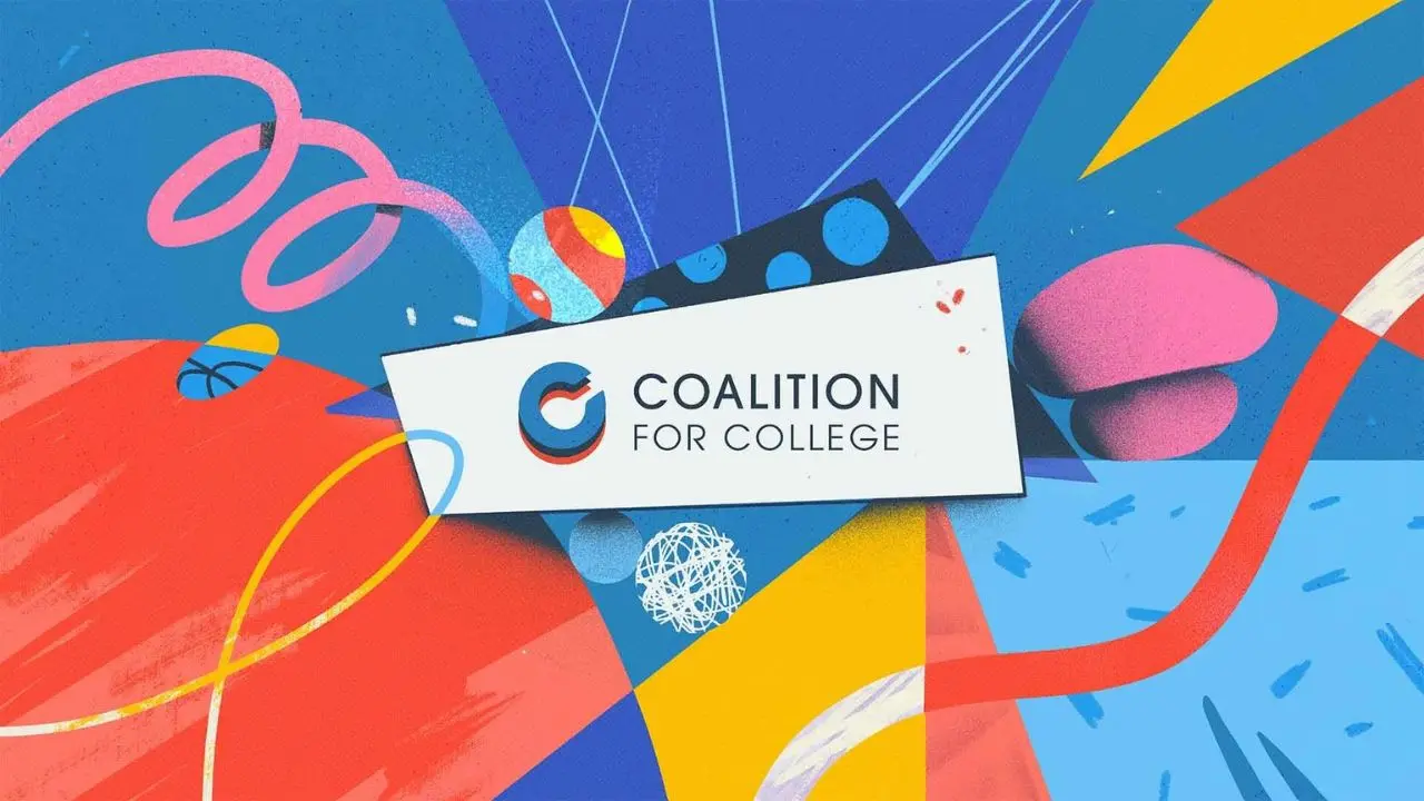 Colorful abstract design with geometric shapes and bold lines surrounding the 'Coalition for College' logo in the center. Vibrant tones of blue, red, yellow, and pink create an energetic and dynamic atmosphere.