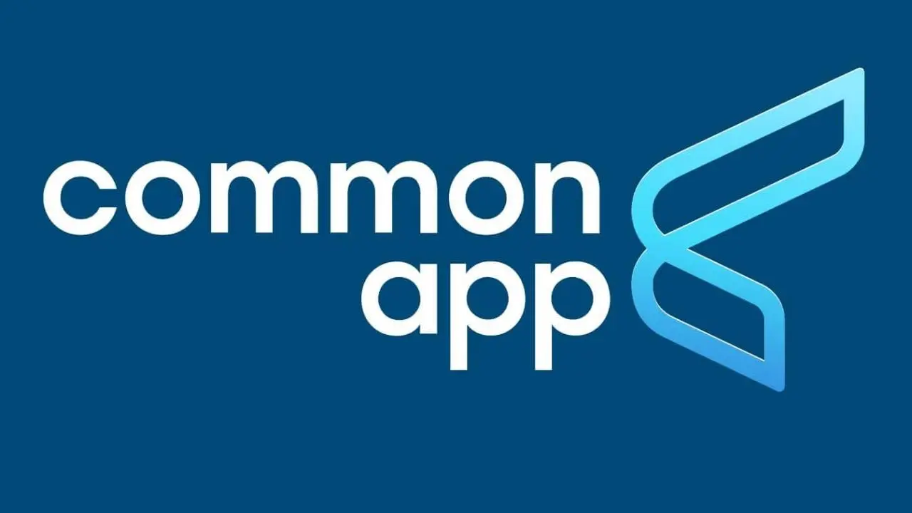 Blue background with white text reading "common app" next to a stylized, gradient blue logo resembling a folded paper or ribbon, conveying modernity.