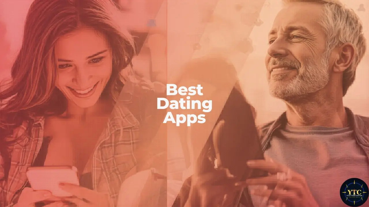 Split image with two people smiling at their phones, showcasing the text "Best Dating Apps" in the center. The mood is optimistic and engaging.