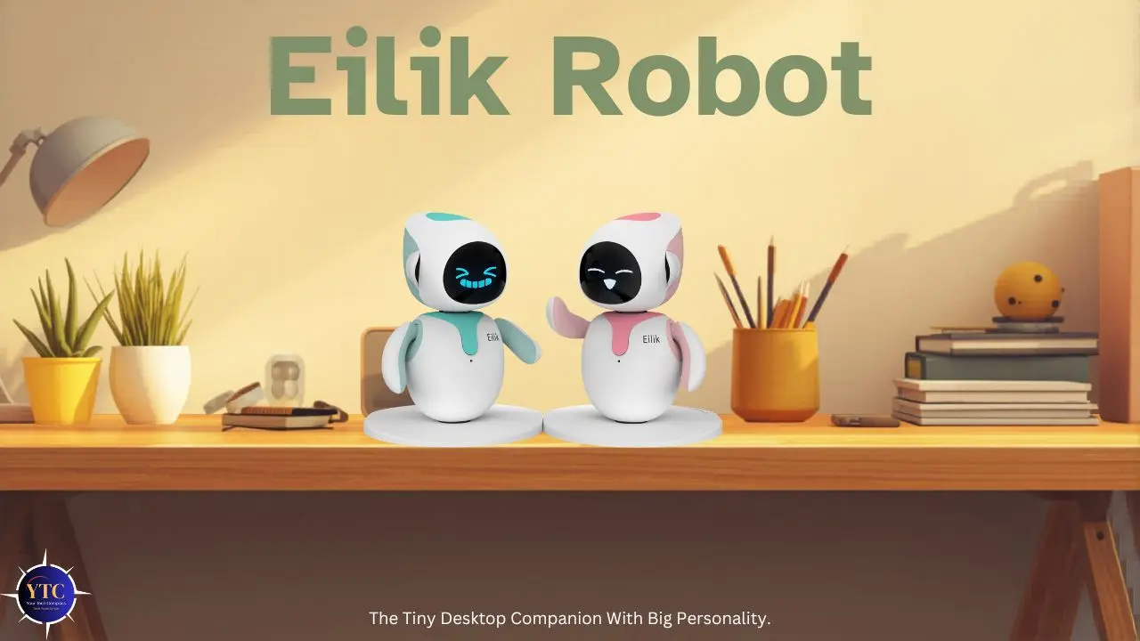 Two small, playful robots with expressive faces sit on a wooden desk against a warm backdrop. Text reads "Eilik Robot." Desktop plants and books nearby.
