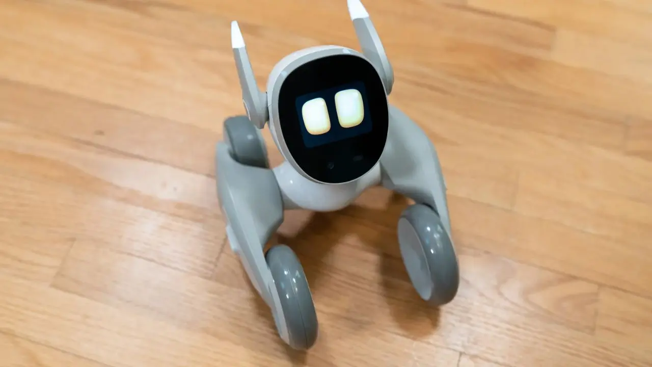 A small white and gray robot with a screen displaying two glowing eyes sits on a wooden floor. It has a playful and curious appearance.