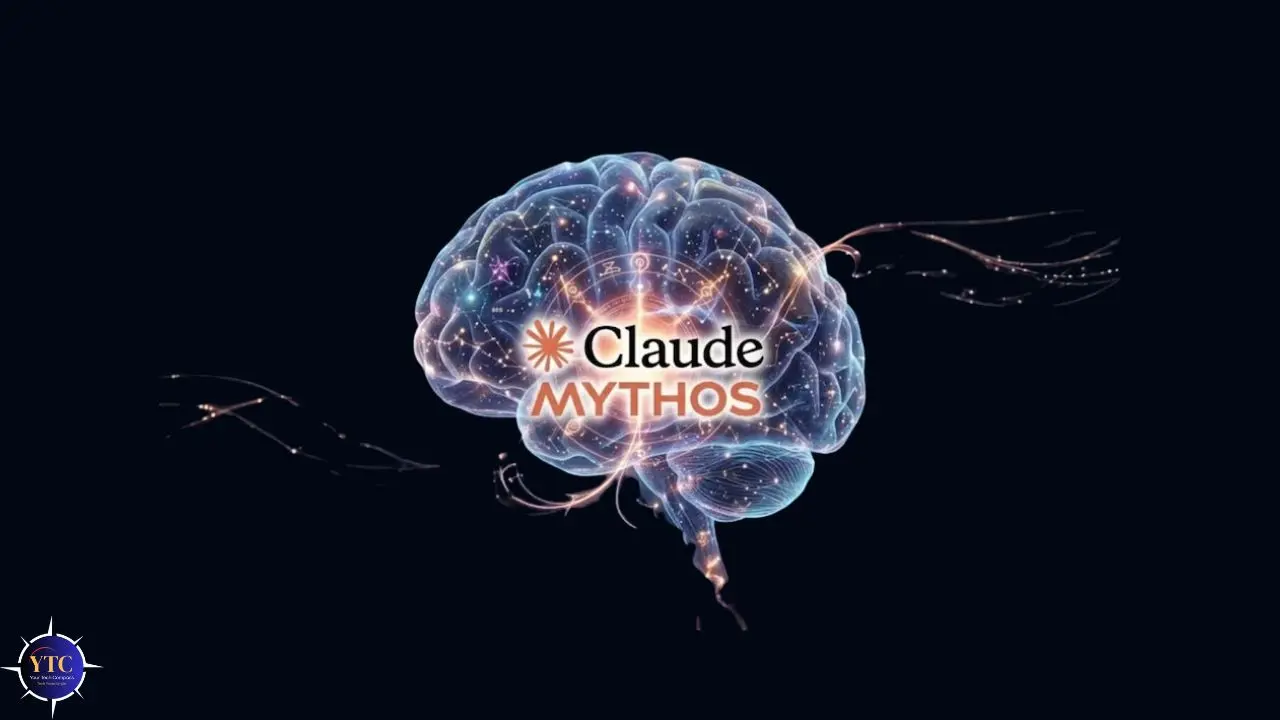 A glowing digital brain with neural connections on a dark background. The words "Claude MYTHOS" are overlaid, conveying an innovative, tech-focused theme.