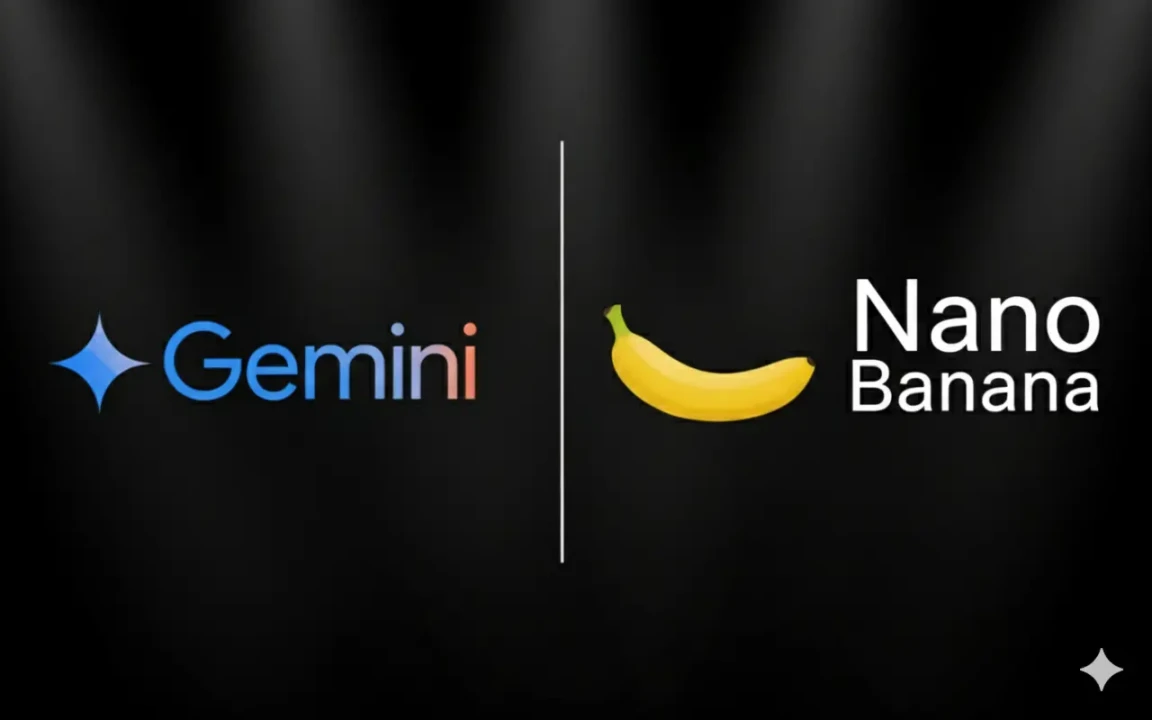 Logos on a black background: Left has "Gemini" with a blue star, right has "Nano Banana" with a yellow banana. Modern and playful tone.