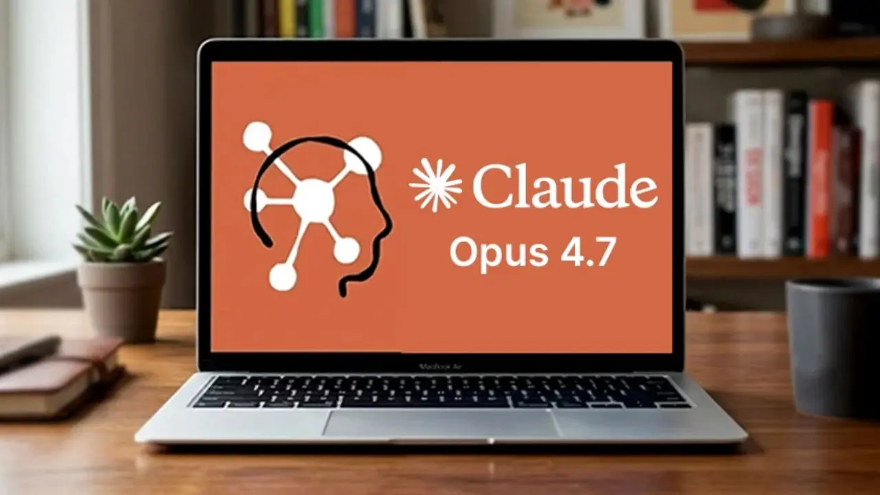 Laptop displaying the text "Claude Opus 4.7" on an orange screen with a neural network icon. The scene is set on a wooden desk with a small plant and bookshelf.