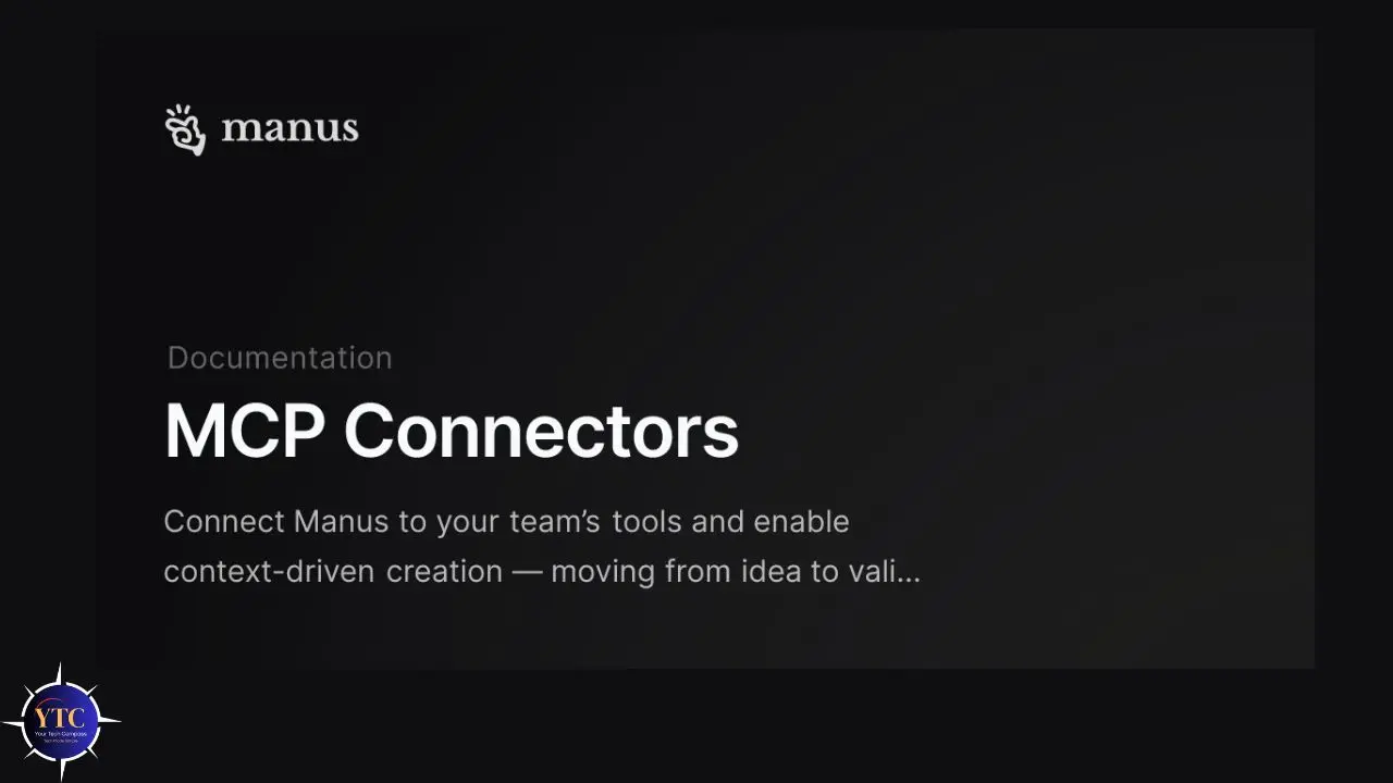 Black webpage with white text reads "Documentation MCP Connectors." A logo is at the top left. Text emphasizes connecting tools for idea validation.