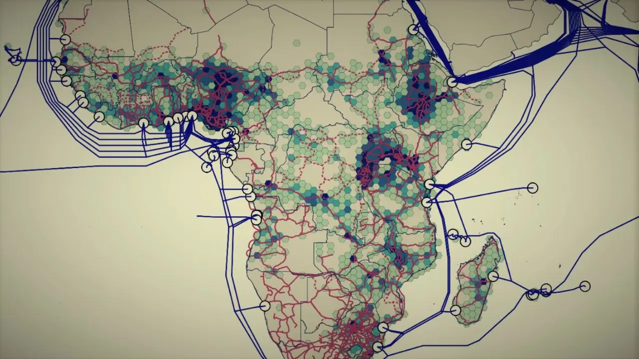 Stylized map of Africa showing network connections. Blue and red lines highlight data routes and clusters, conveying a sense of connectivity.