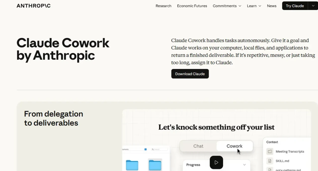 Webpage for Claude Cowork by Anthropic, featuring a download button and text about autonomous task management. Implies efficiency and ease.