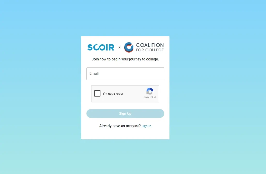 Signup form for Scoir and Coalition for College on a gradient blue background. Fields for email and CAPTCHA, with a "Sign Up" button and sign-in option.