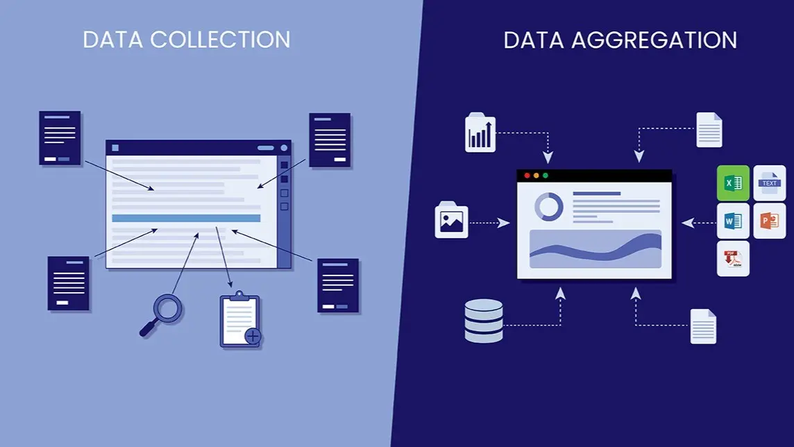 Illustration split into two sections: "Data Collection" on the left shows documents, magnifying glass, clipboard, arrows; "Data Aggregation" on right depicts charts, database, app icons.