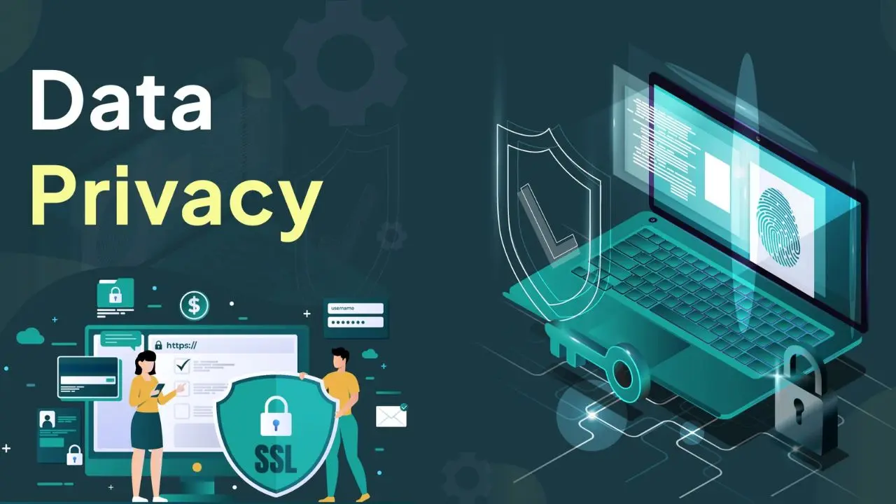 Illustration of "Data Privacy" with a shielded laptop displaying a fingerprint, and two people by a large monitor with an SSL padlock, evoking security.