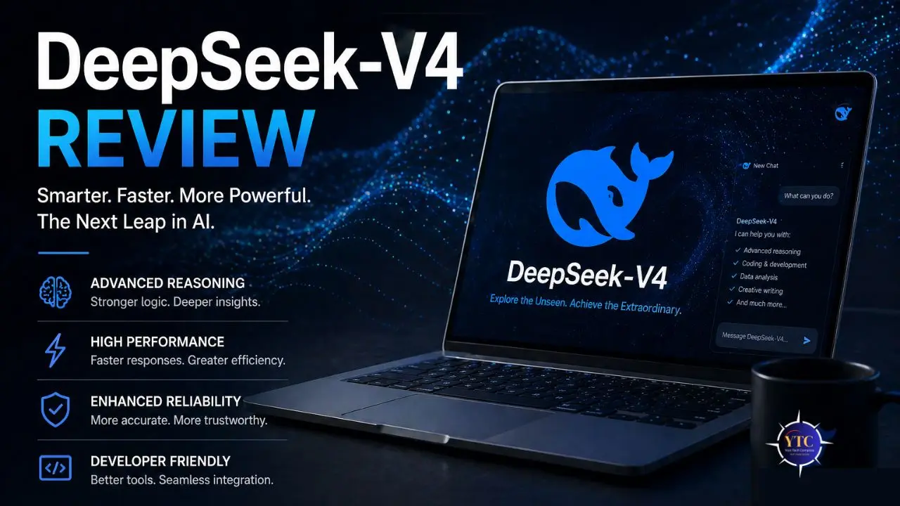 Promotional image for DeepSeek-V4 AI showcasing features: advanced reasoning, high performance, enhanced reliability, developer-friendly. Displays a laptop with DeepSeek-V4 logo on screen, set against a digital wave background, highlighting innovation and technology.