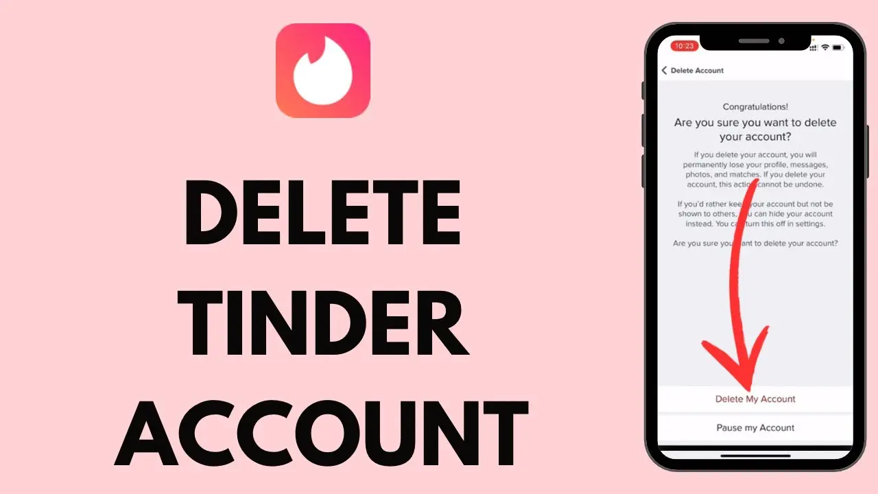 Graphic urging to 'Delete Tinder Account' with Tinder logo. Smartphone screen shows steps to delete account, emphasized by a red arrow on a pink background.