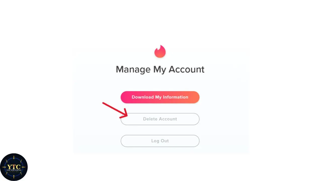 Manage My Account screen with options to download information, delete account, and log out. A red arrow points to 'Delete Account' button.