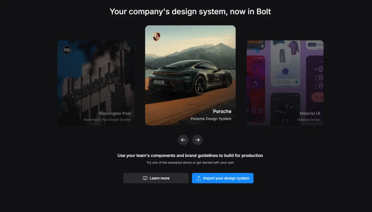 Design system options displayed on a dark interface: Washington Post, Porsche with a sleek car image, and Material UI. Includes action buttons for learning more and importing a design system.