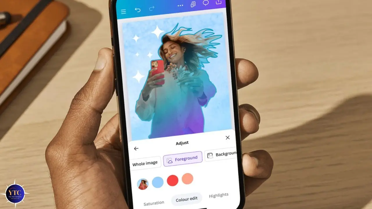 A hand holds a smartphone displaying a colorful photo editing app. The screen shows a smiling person with effects applied, exuding joy and creativity.