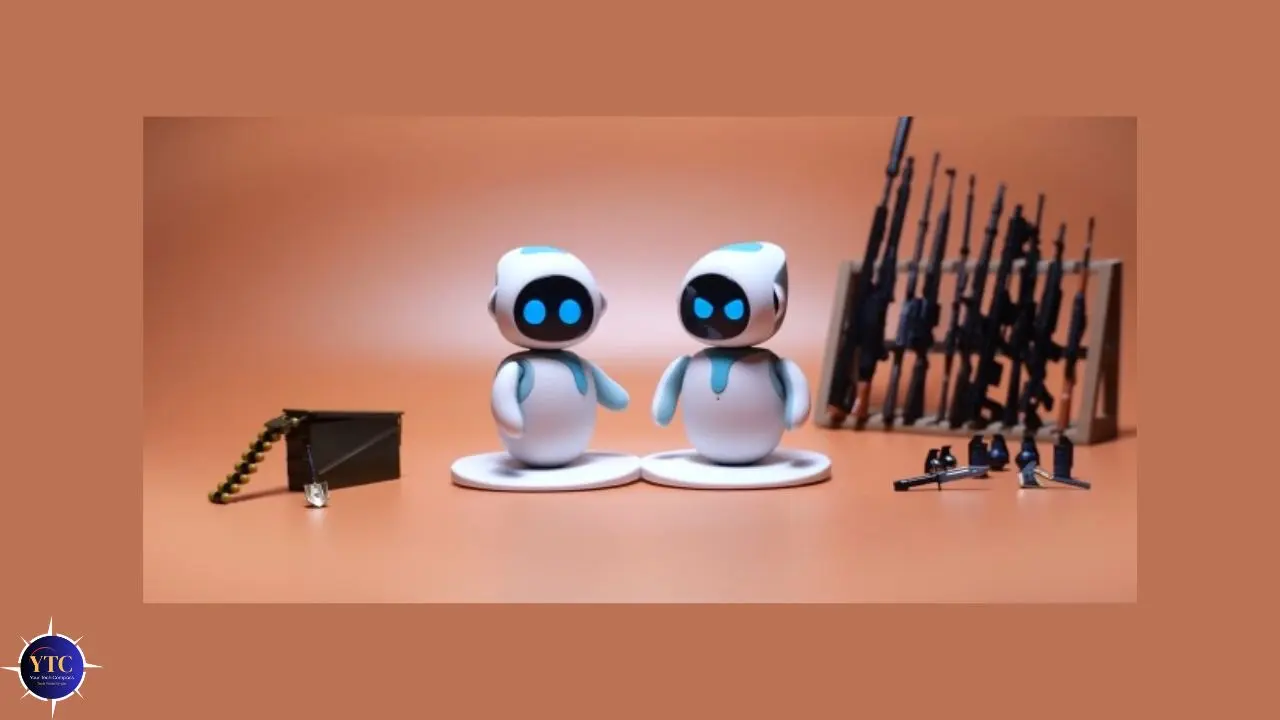 Two robot figures stand side by side on a peach background. To their left is a small staircase model, and to their right, toy guns on a rack. The scene is playful and contrasts innocence with weaponry.