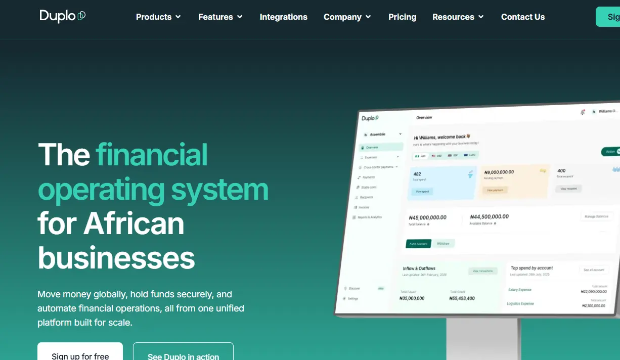 A website homepage for "Duplo" is displayed, featuring a large computer screen showing financial dashboard software. The text promotes it as a financial operating system for African businesses. The tone is professional and tech-focused.