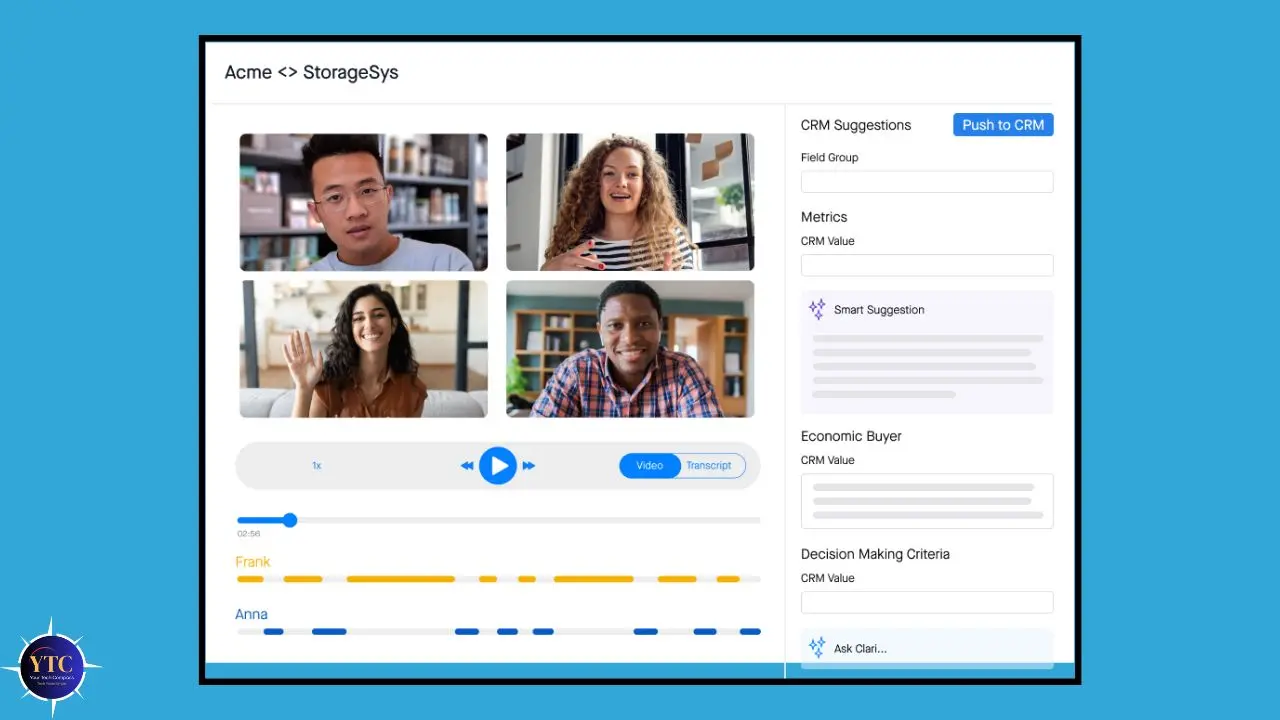 Video conference interface with four participants, diverse in gender and ethnicity, smiling. Right panel shows CRM suggestions and analytics.