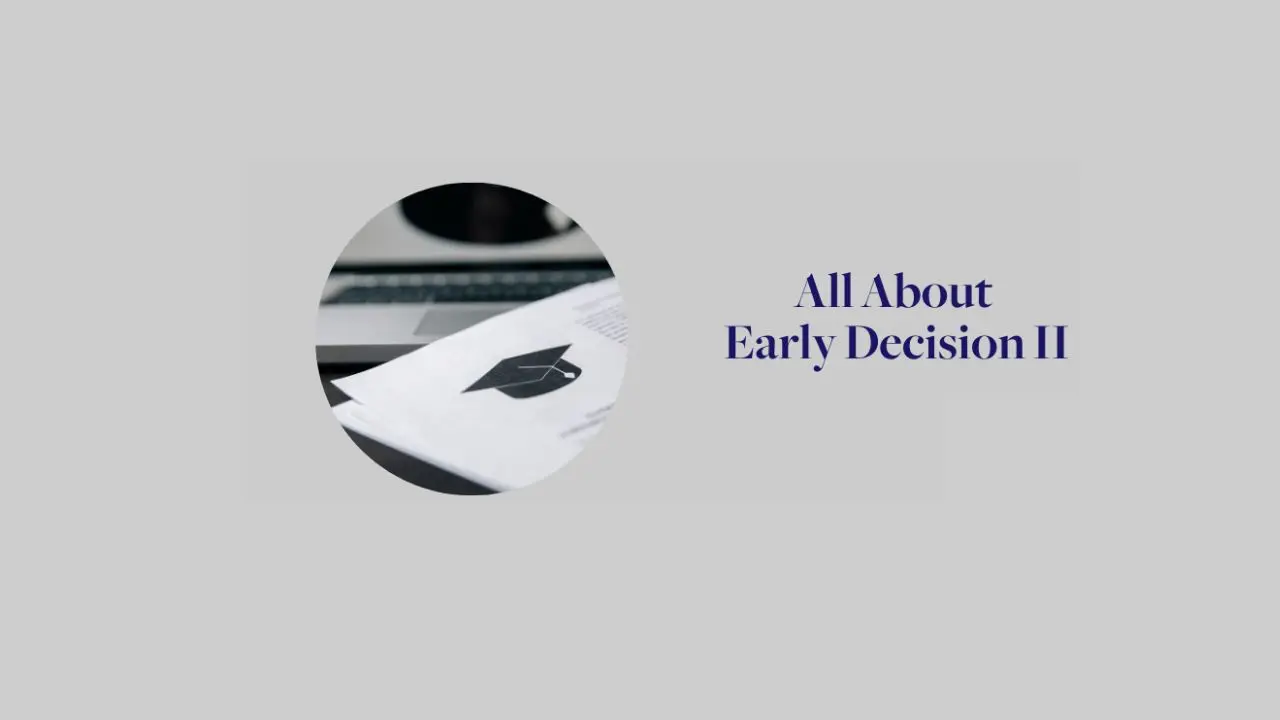 Image of a graduation cap icon on paper beside text "All About Early Decision II" on a gray background, conveying college admissions theme.