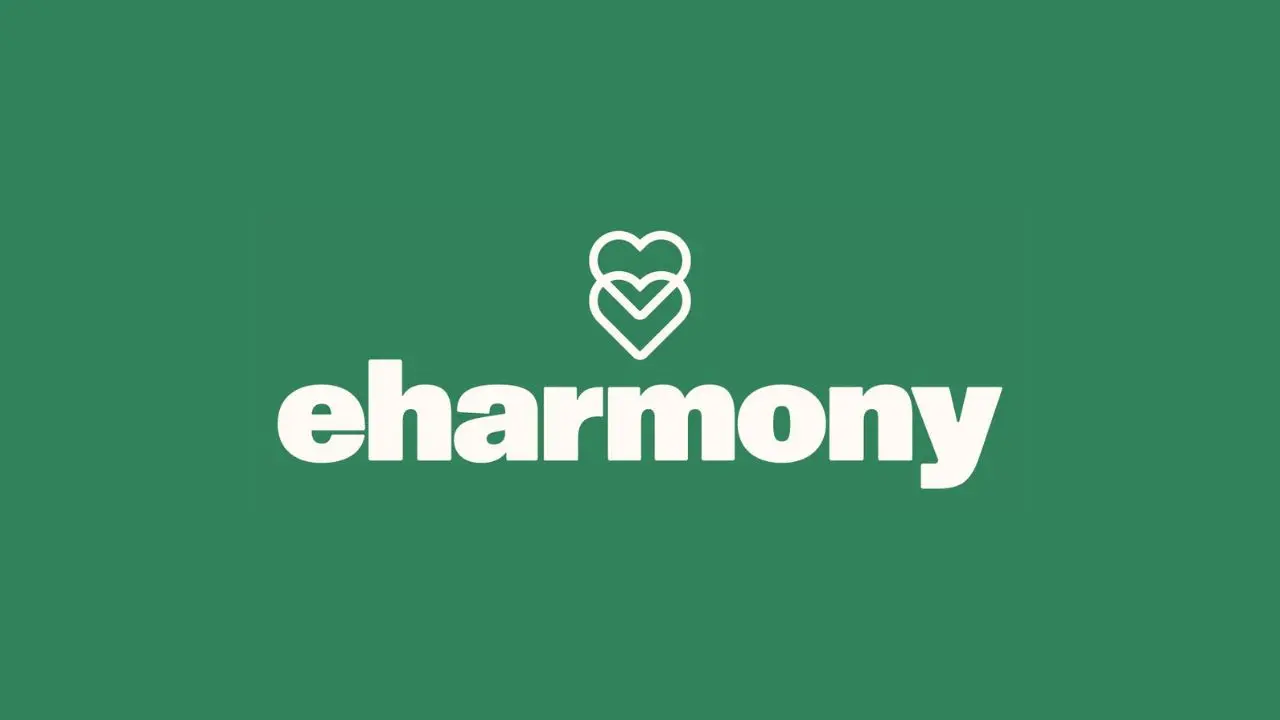 Green background with white text "eharmony" below two overlapping heart outlines, conveying a theme of love and connection.