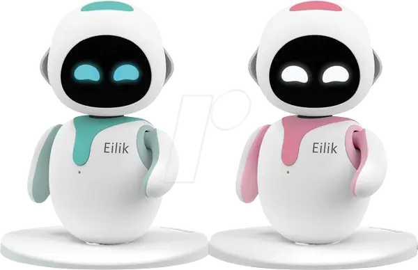 Two small, white robots named Eilik on stands, one with teal accents and glowing eyes, the other with pink. They appear friendly and futuristic.